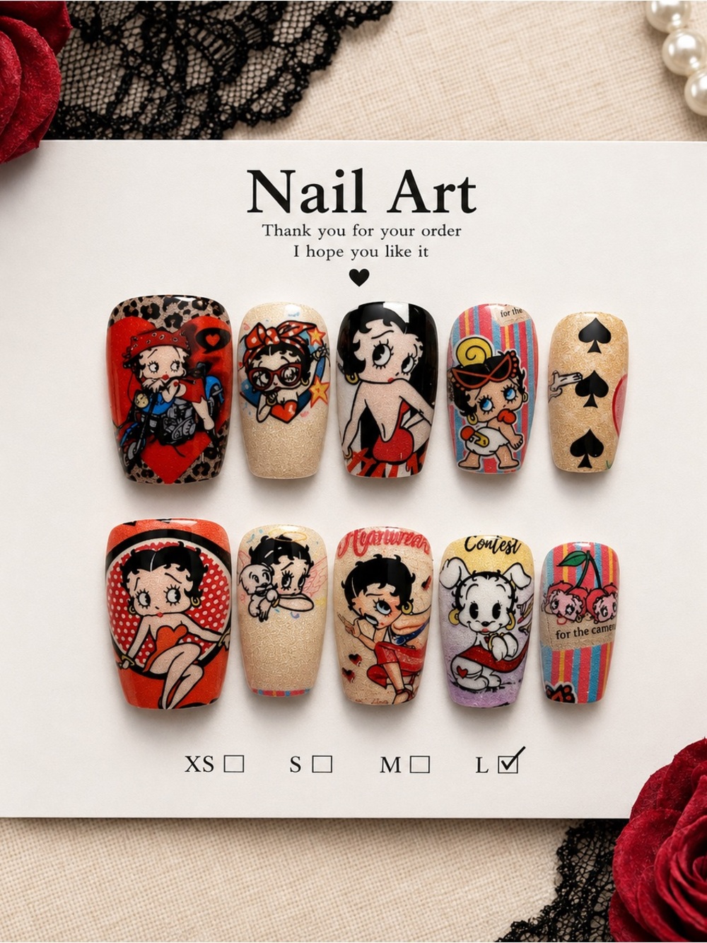 Betty Boop Themed Press-On Nails - Red, Black & Gold